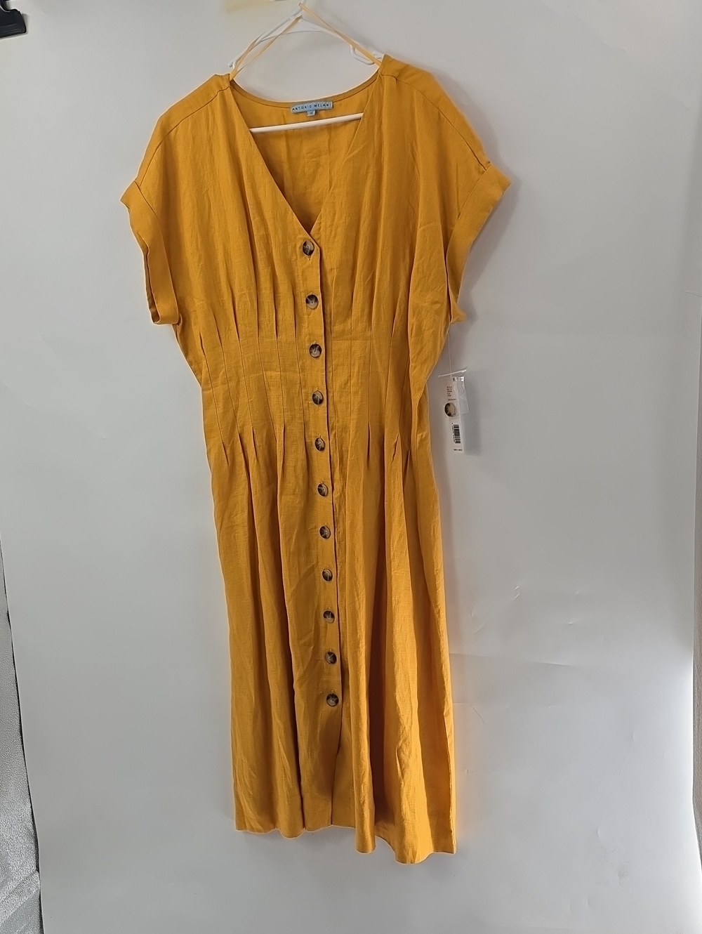 ANTONIO MELANI Linen Mustard Yellow Button-Front V-Neck Midi Dress - Picture 5 of 7
